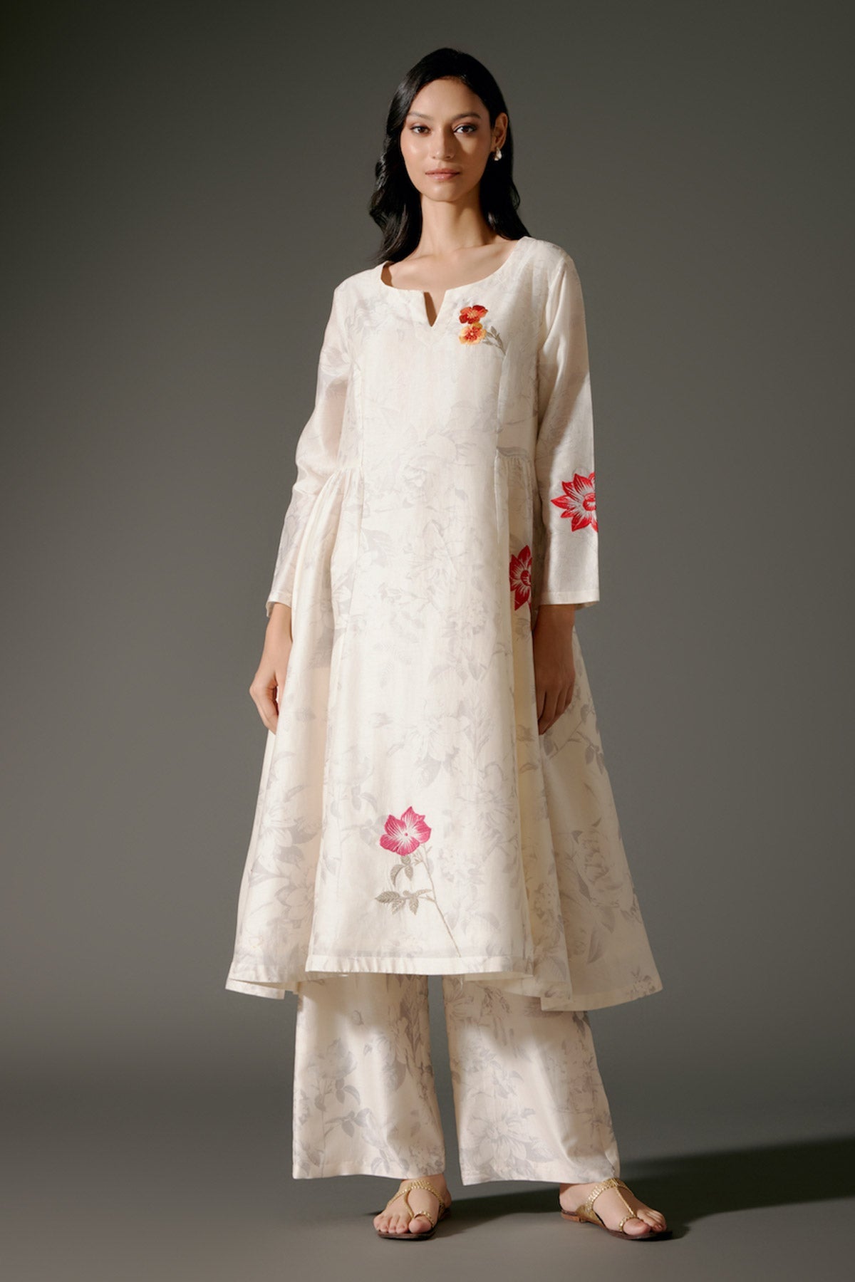 Women Flared Chanderi Silk Tunic Set with Resham Embroidery