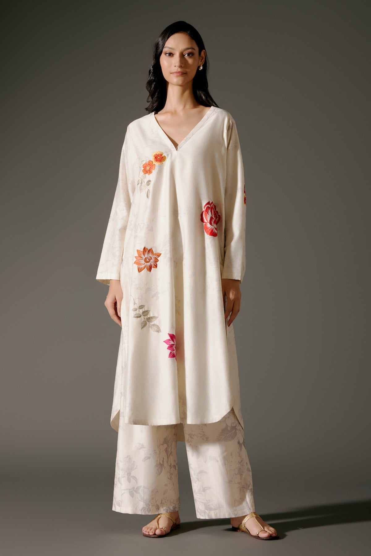 Women Flared Chanderi Silk Tunic Set with Resham Embroidery