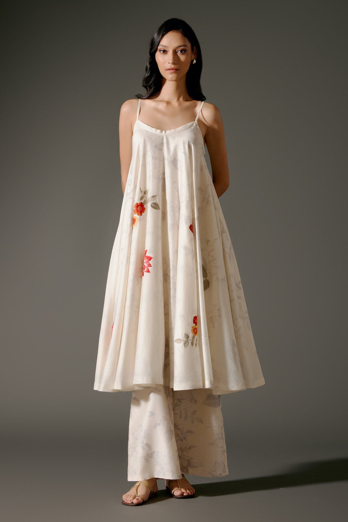 Women Flared Chanderi Silk Tunic Set with Resham Embroidery