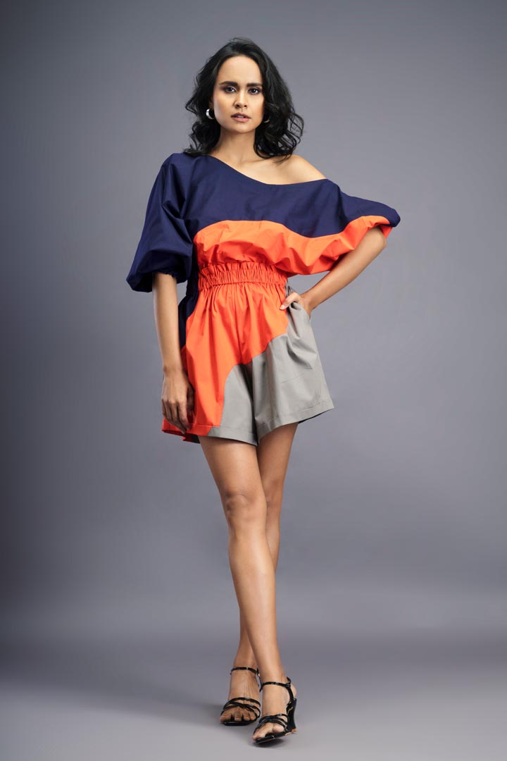 NAVY BLUE ORANGE ONE SHOULDER PLAYSUIT