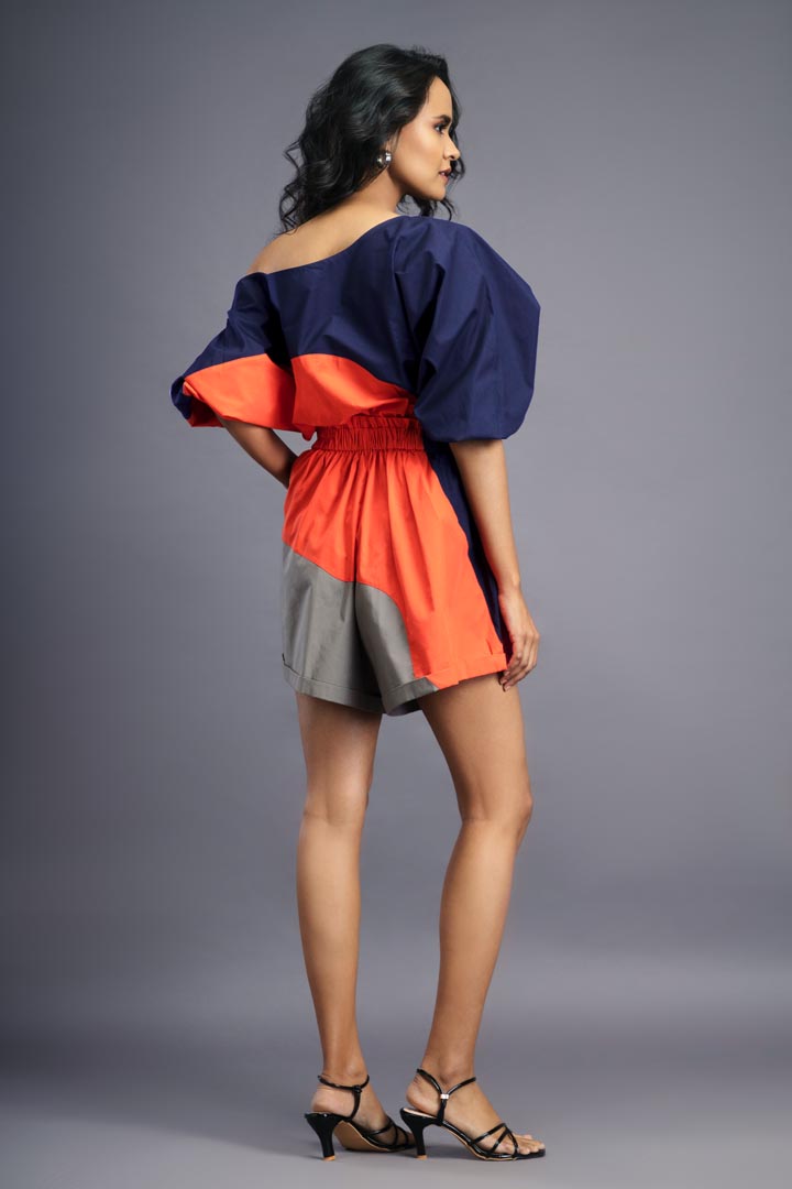 NAVY BLUE ORANGE ONE SHOULDER PLAYSUIT