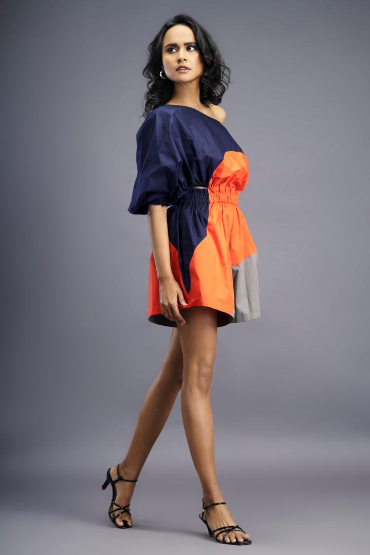 NAVY BLUE ORANGE ONE SHOULDER PLAYSUIT