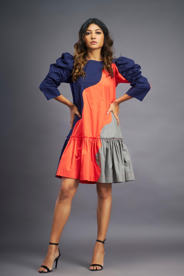 NAVY BLUE ORANGE SHORT DRESS WITH FRILLS