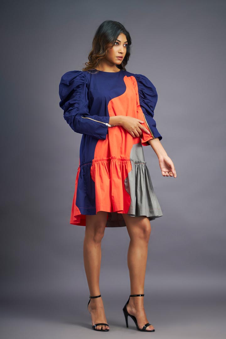 NAVY BLUE ORANGE SHORT DRESS WITH FRILLS