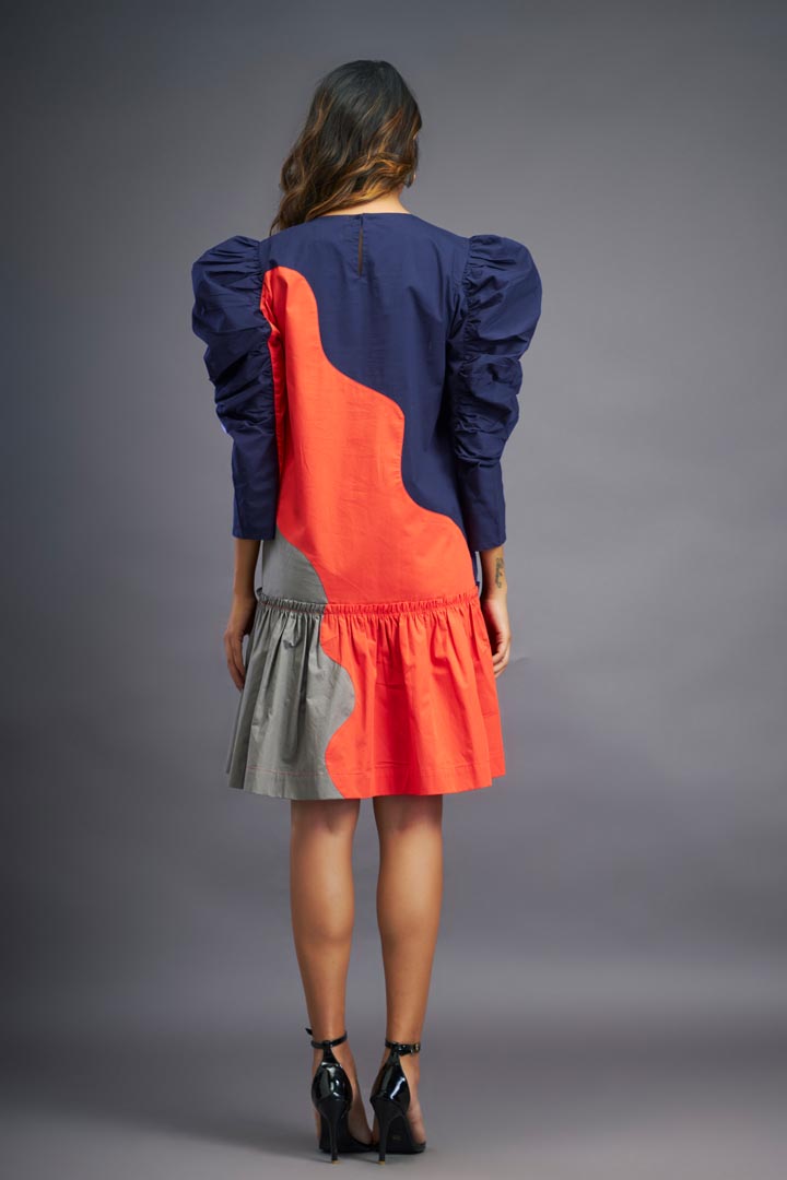 NAVY BLUE ORANGE SHORT DRESS WITH FRILLS