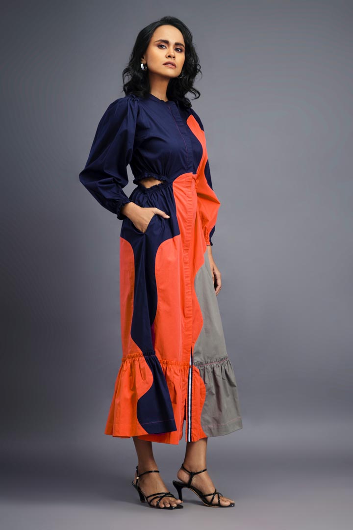 NAVY BLUE ORANGE MAXI SHIRT DRESS