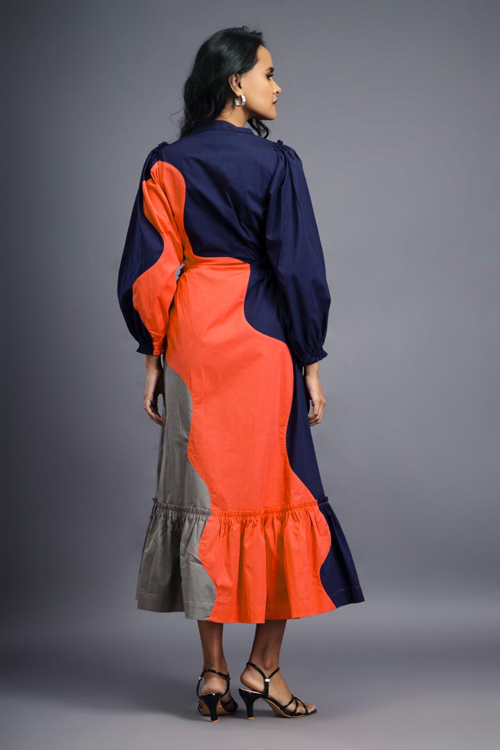 NAVY BLUE ORANGE MAXI SHIRT DRESS