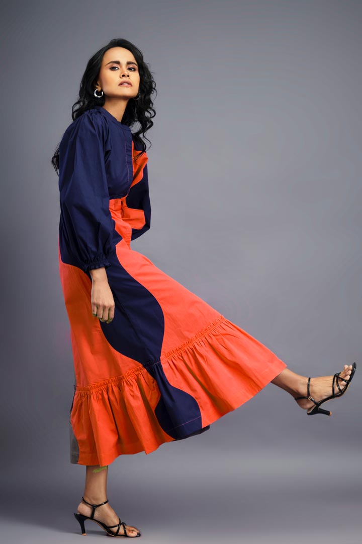 NAVY BLUE ORANGE MAXI SHIRT DRESS