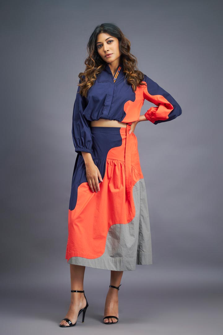 NAVY BLUE ORANGE SHIRT & SKIRT CO-ORD SET