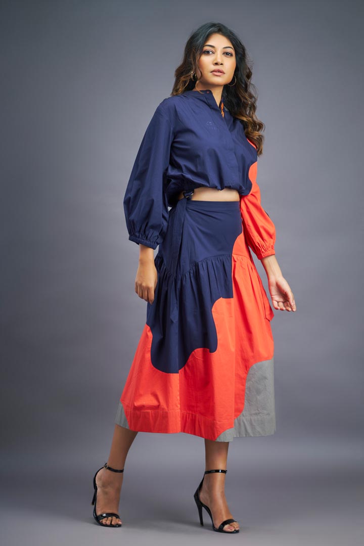 NAVY BLUE ORANGE SHIRT & SKIRT CO-ORD SET