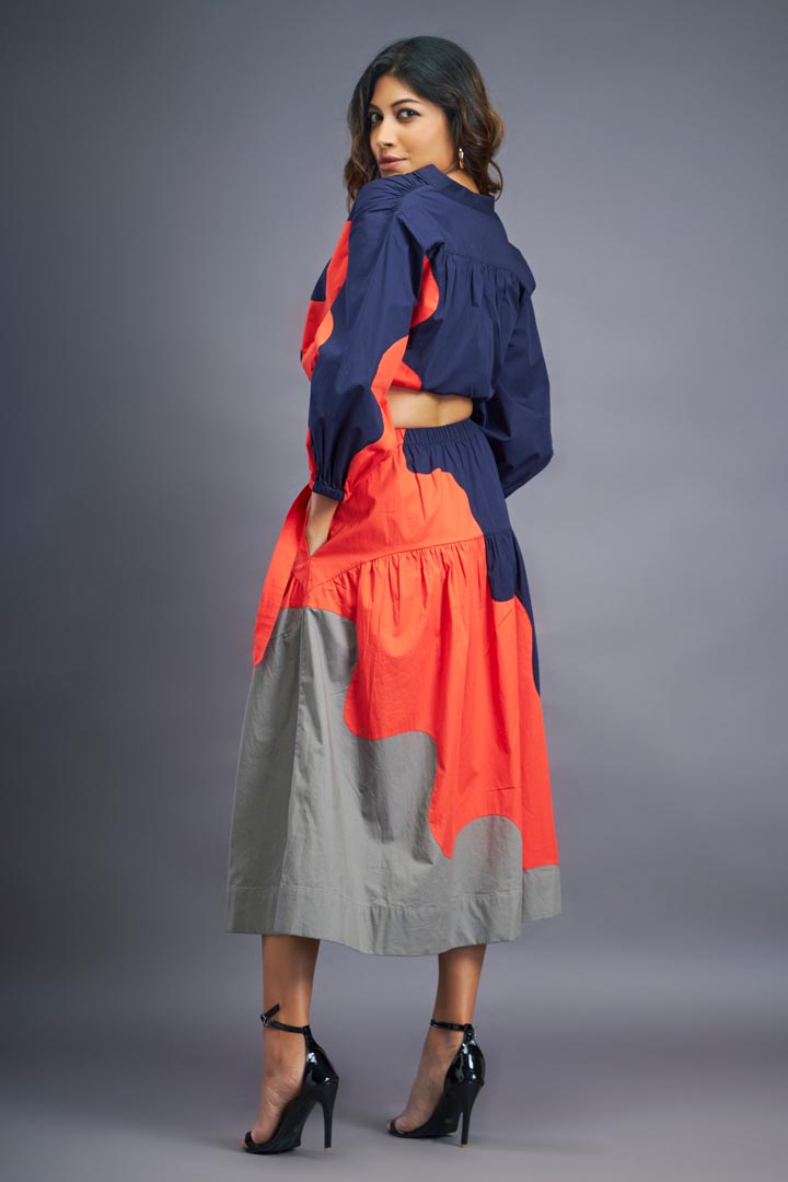 NAVY BLUE ORANGE SHIRT & SKIRT CO-ORD SET