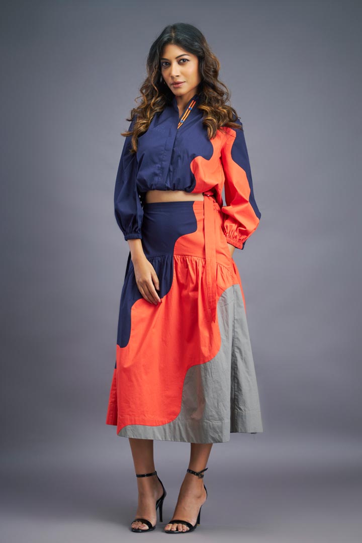 NAVY BLUE ORANGE SHIRT & SKIRT CO-ORD SET