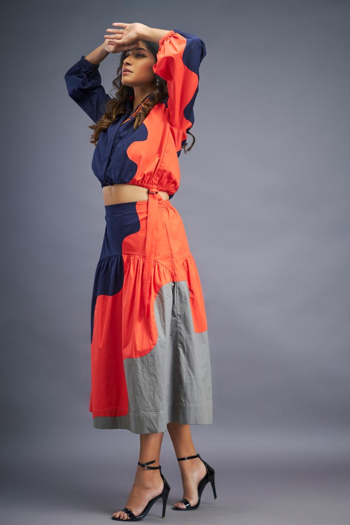 NAVY BLUE ORANGE SHIRT & SKIRT CO-ORD SET