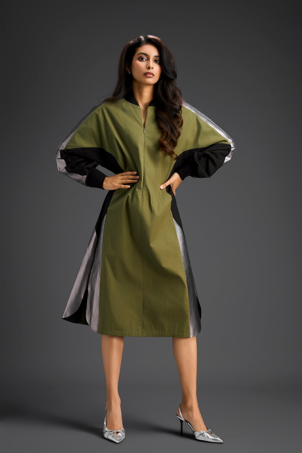 Olive Balloon Sleeve Midi Dress