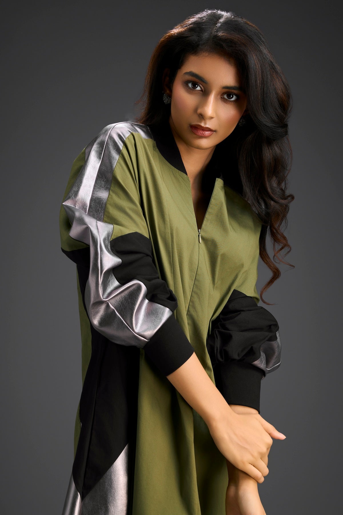Olive Balloon Sleeve Midi Dress