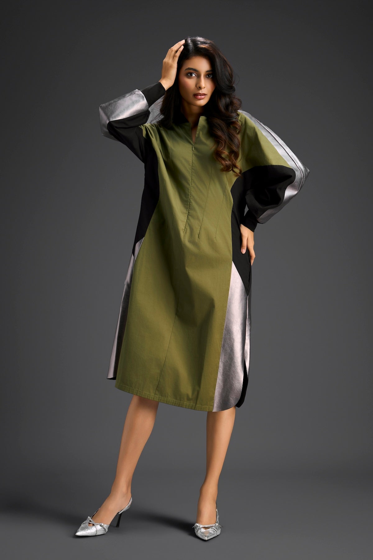 Olive Balloon Sleeve Midi Dress