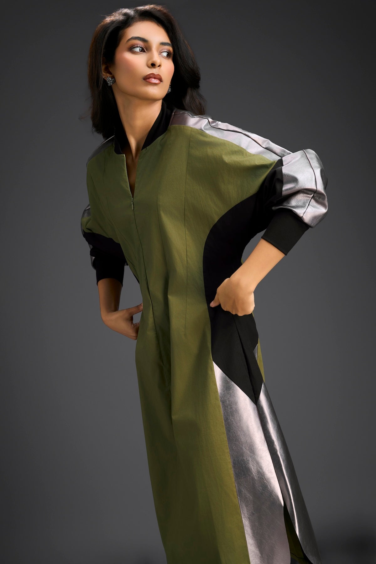 Olive Balloon Sleeve Midi Dress