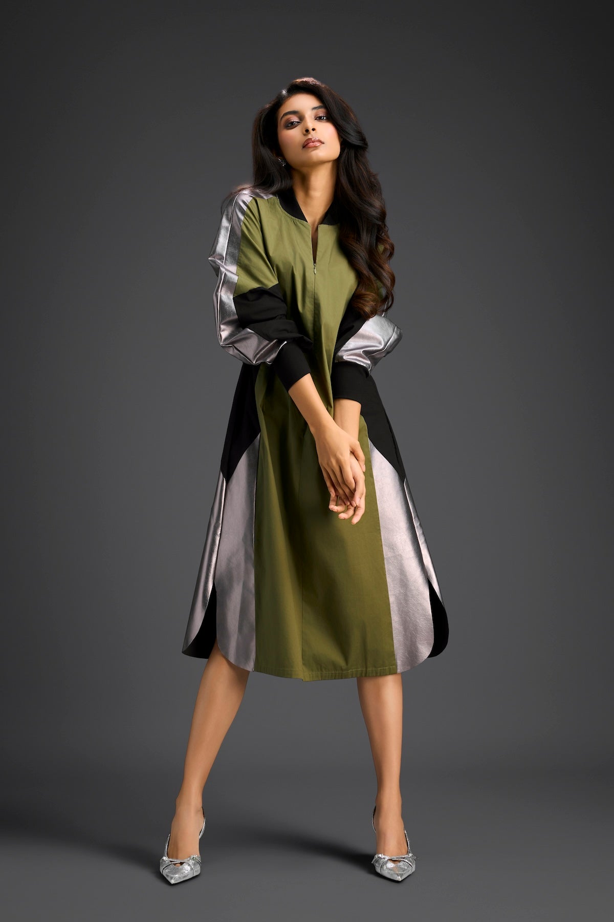 Olive Balloon Sleeve Midi Dress