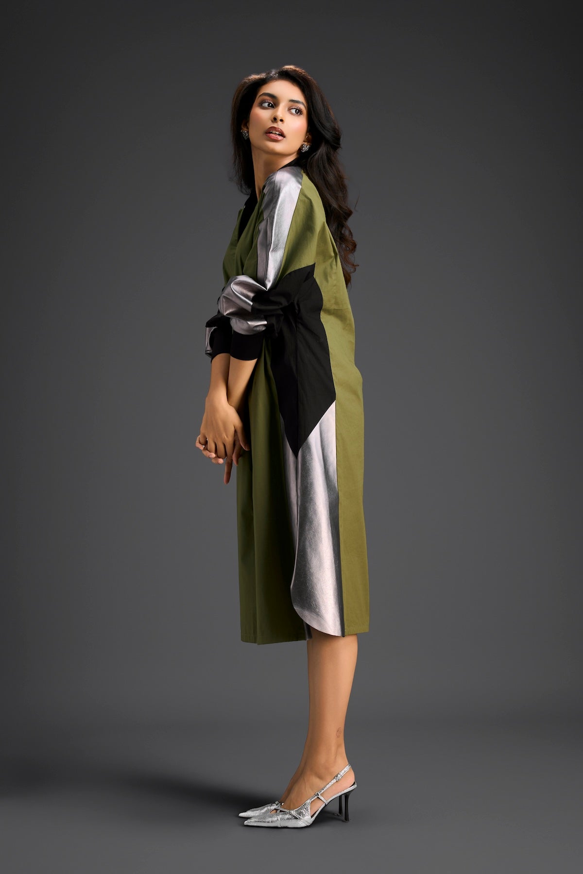 Olive Balloon Sleeve Midi Dress