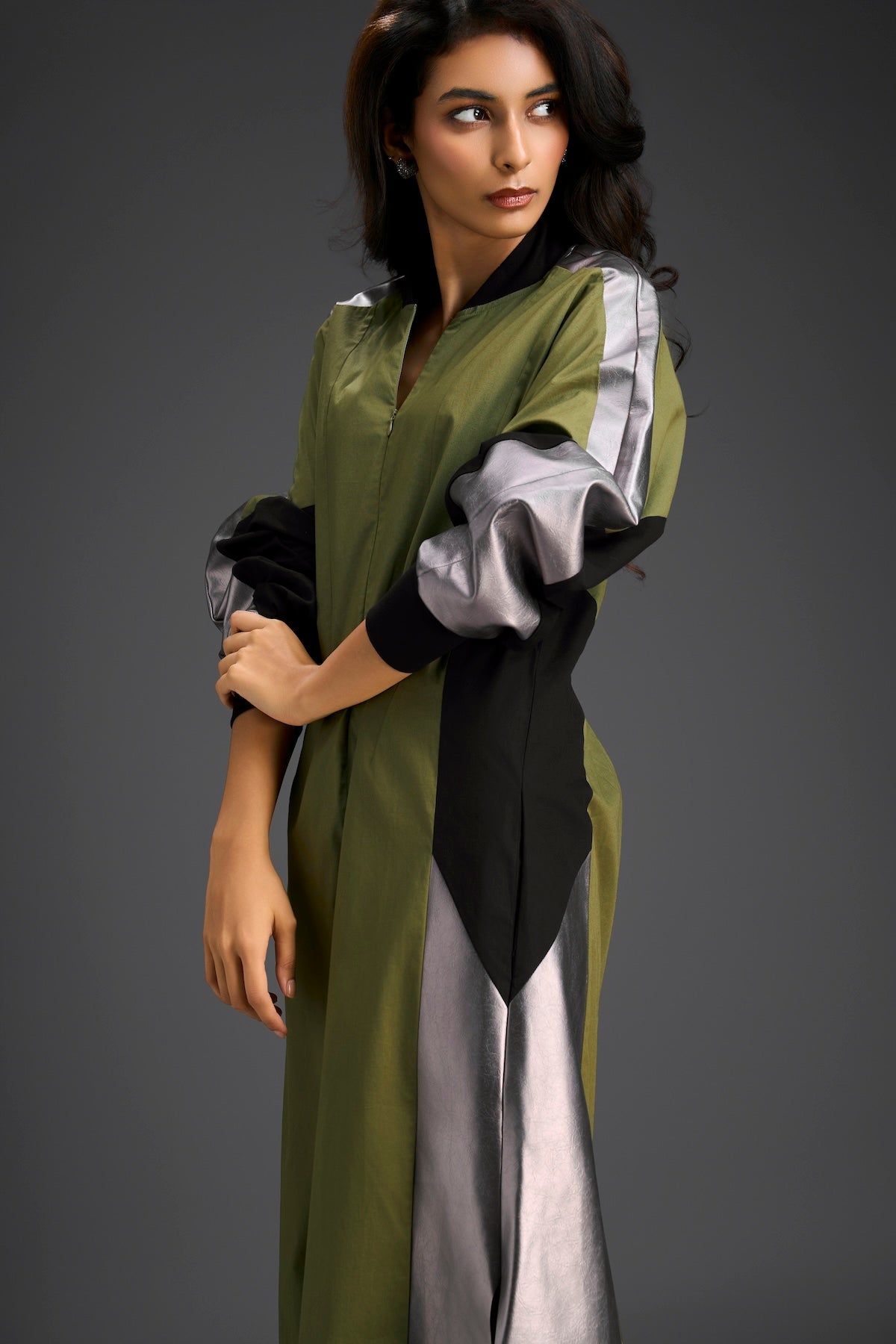 Olive Balloon Sleeve Midi Dress
