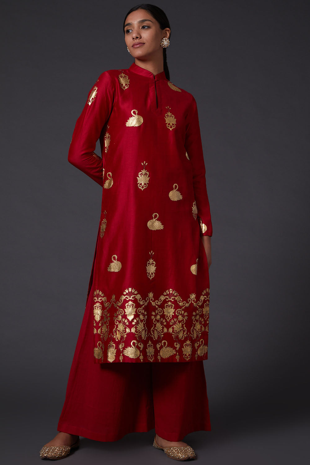 Red & Gold Block Printed Kurta Set - Auraya Fashion - Rohit Bal - #tag1# - #tag2# - #tag3# - #tag3#