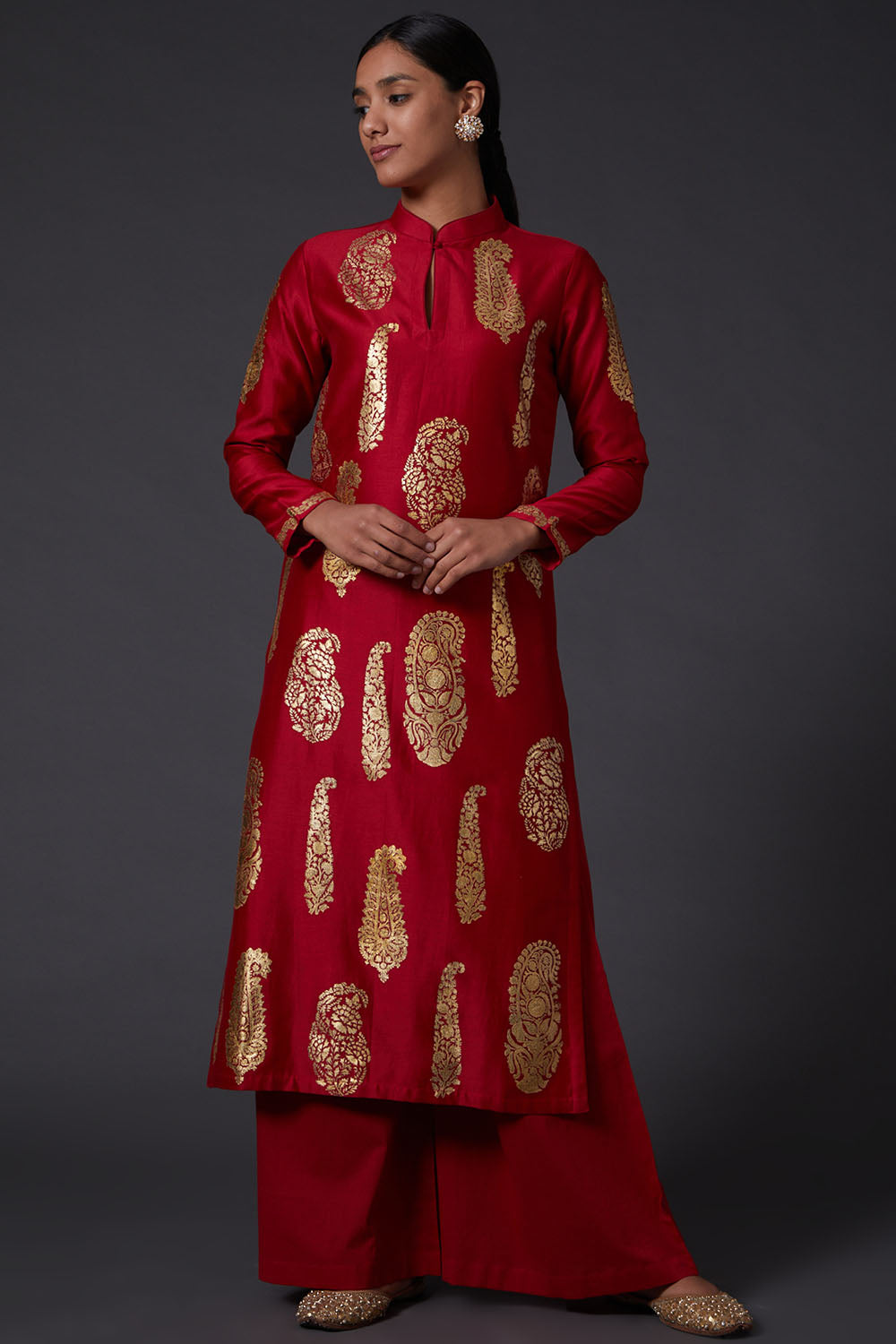 Red & Gold Block Printed Kurta With Pants - Auraya Fashion - Rohit Bal - #tag1# - #tag2# - #tag3# - #tag3#