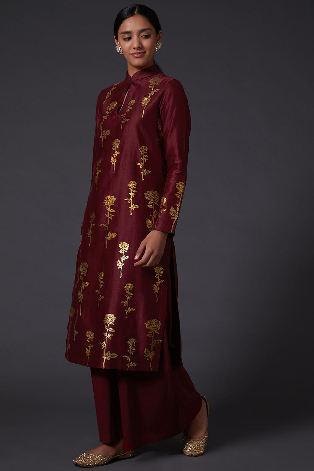 Wine & Gold Block Printed Kurta Set