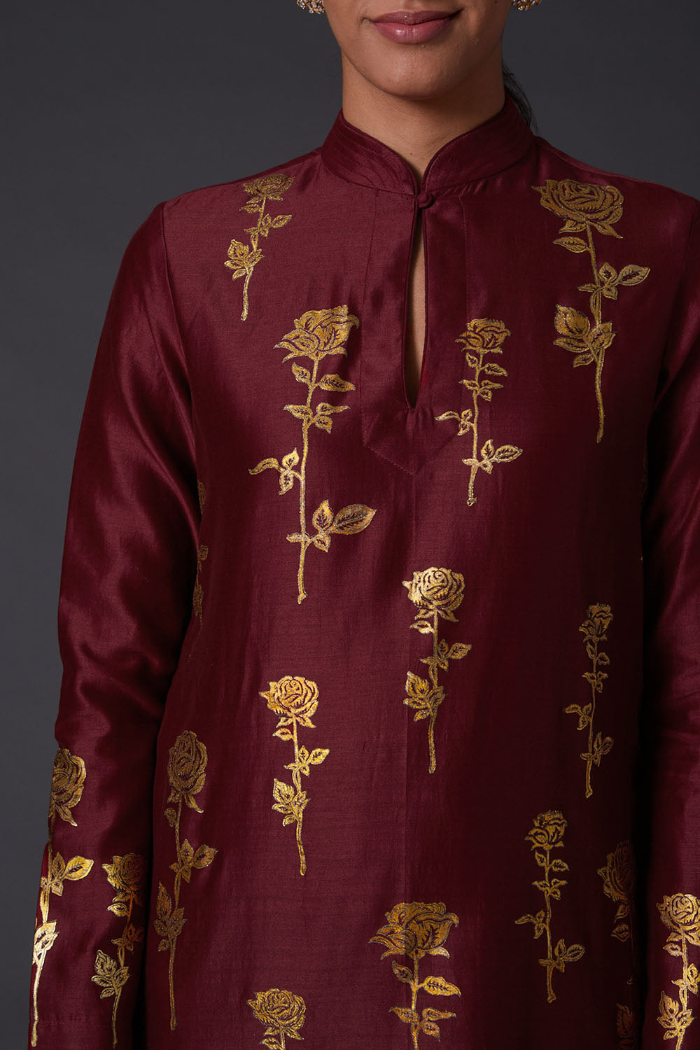 Wine & Gold Block Printed Kurta Set