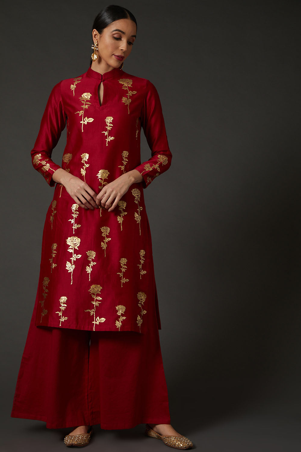 Red & Gold Block Printed Kurta Set - Auraya Fashion - Rohit Bal - #tag1# - #tag2# - #tag3# - #tag3#