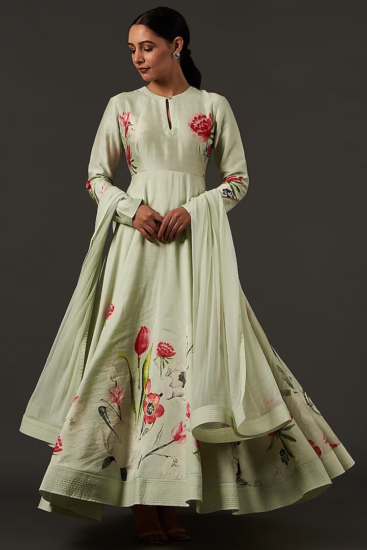 Floral Digital Printed Anarkali Sage Green