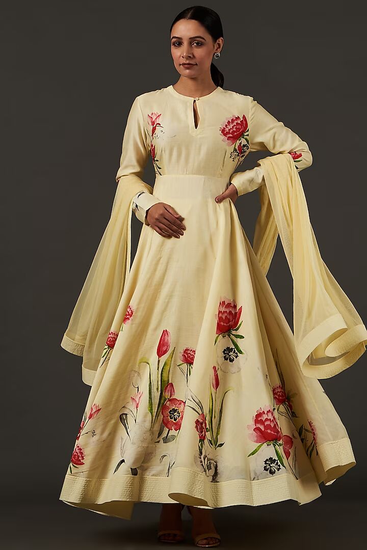 Floral Digital Printed Anarkali Lime Yellow
