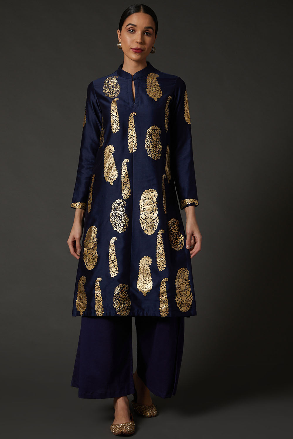 Indigo Blue & Gold Block Printed Kurta Set - Auraya Fashion - Rohit Bal - #tag1# - #tag2# - #tag3# - #tag3#