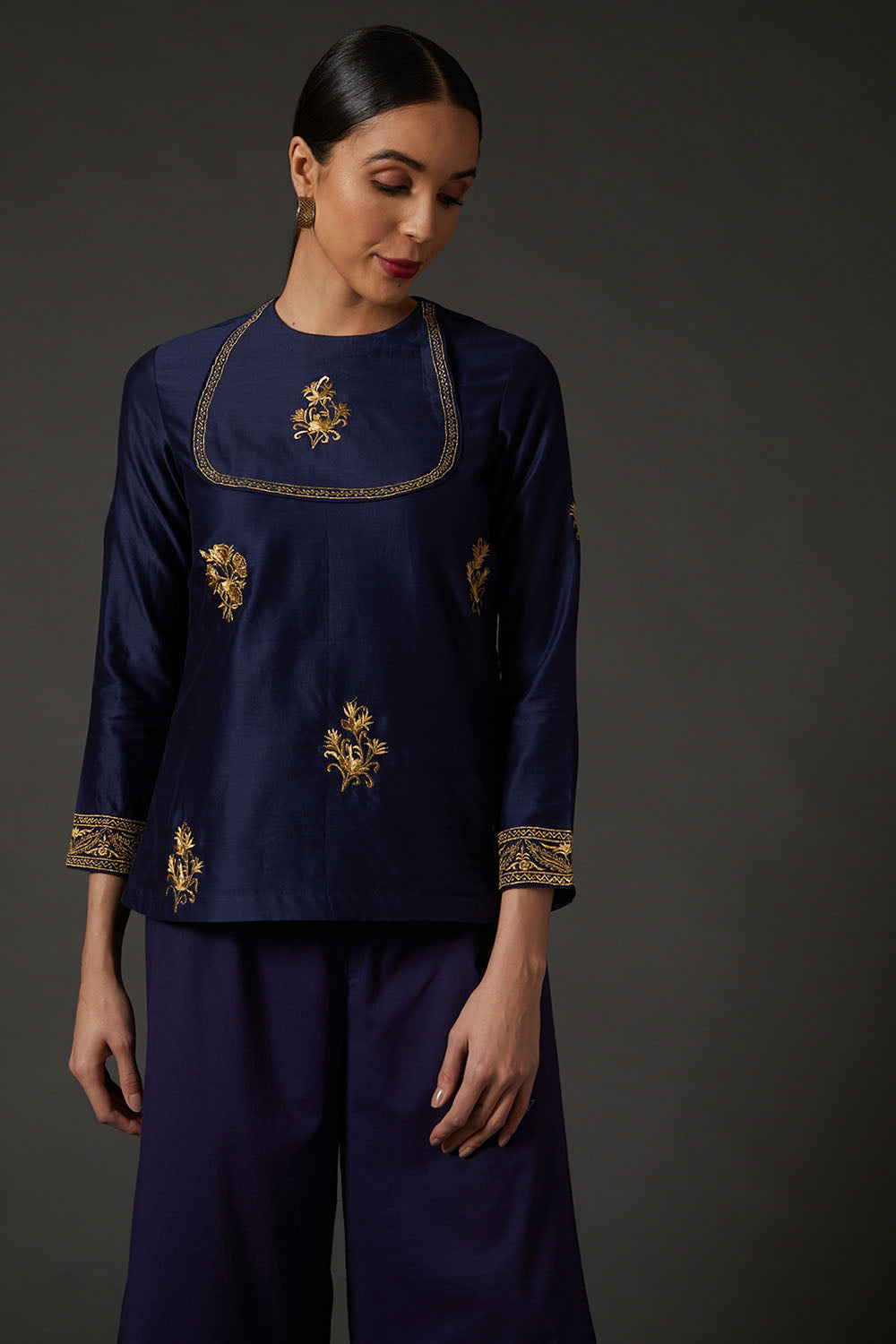 Indigo Blue Embroidered Tunic - Auraya Fashion -  - #tag1# - #tag2# - #tag3# - #tag3#