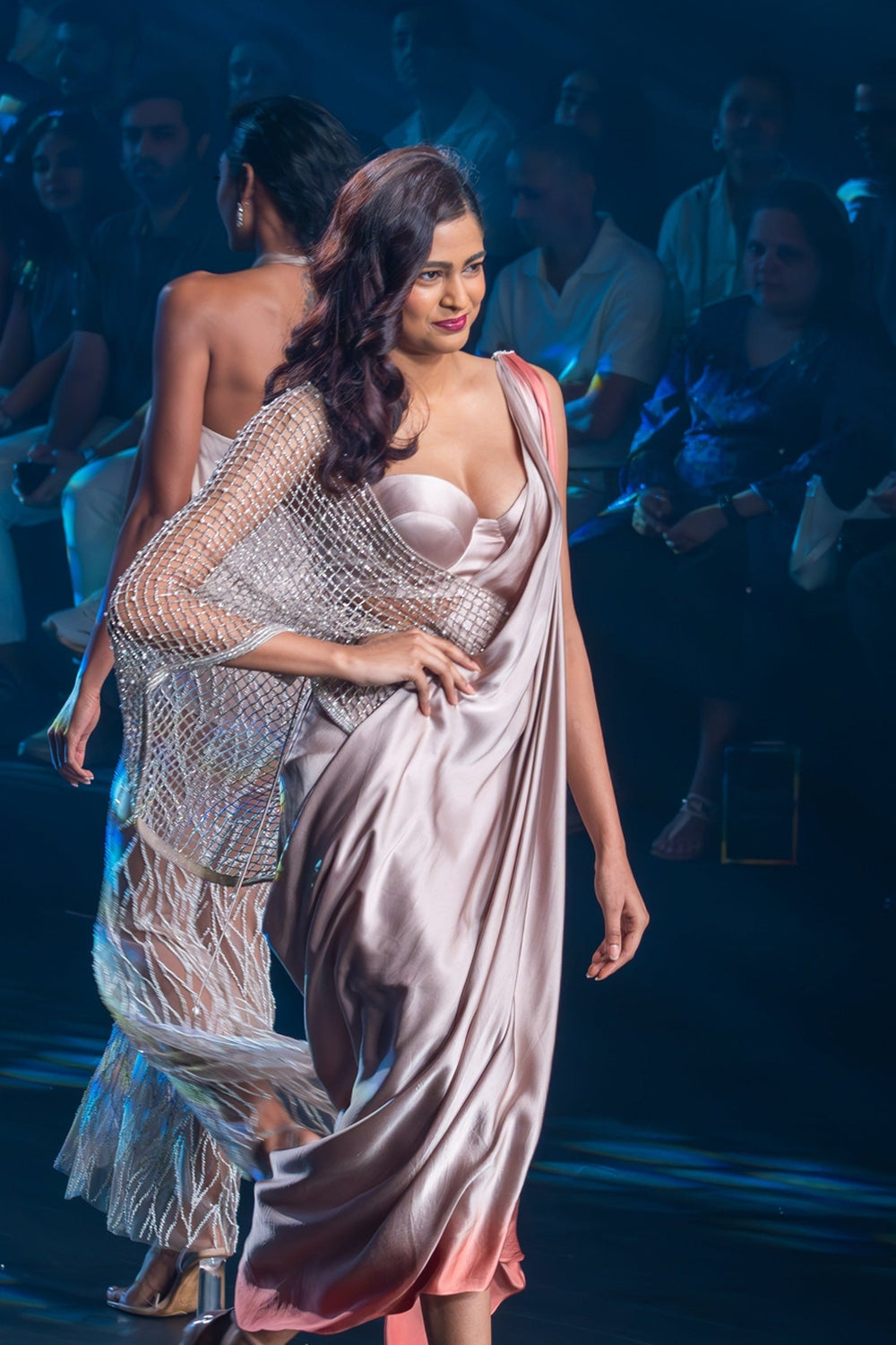 Ombre draped saree dress with a bralette and pearl detailing on mesh throw.