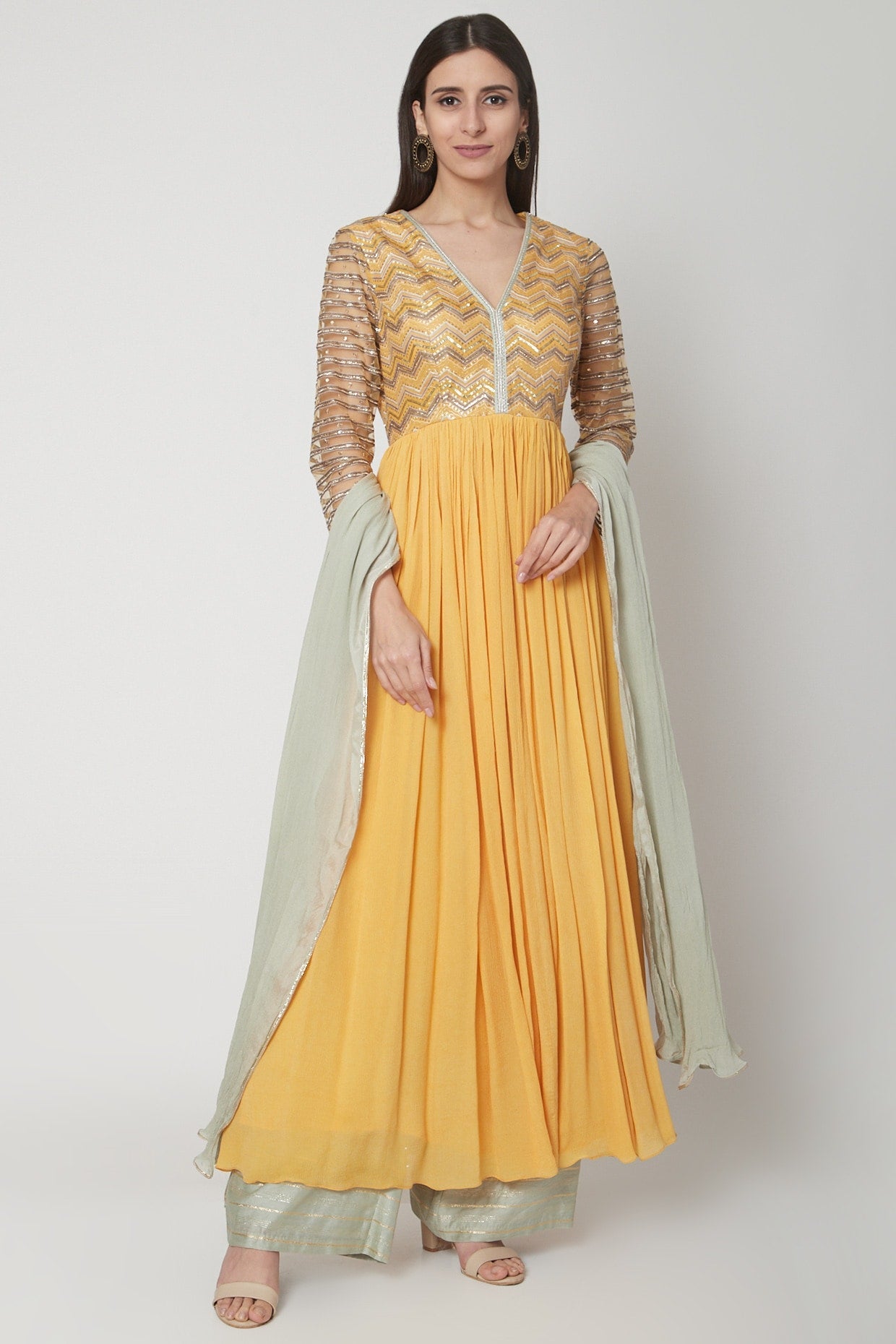 Yellow & Powder Blue Embroidered Kurta Set