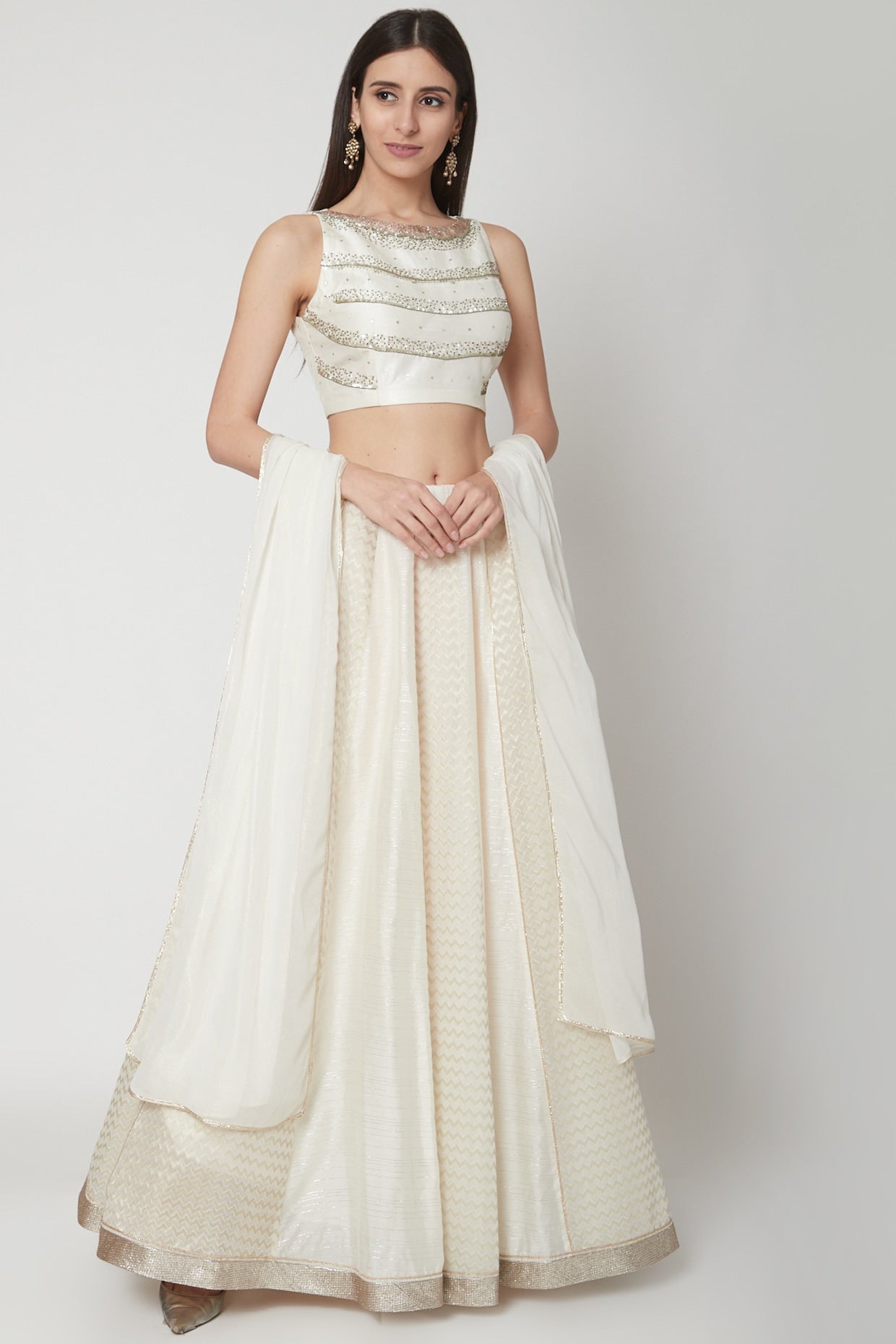 Off White Embroidered Lehenga Set