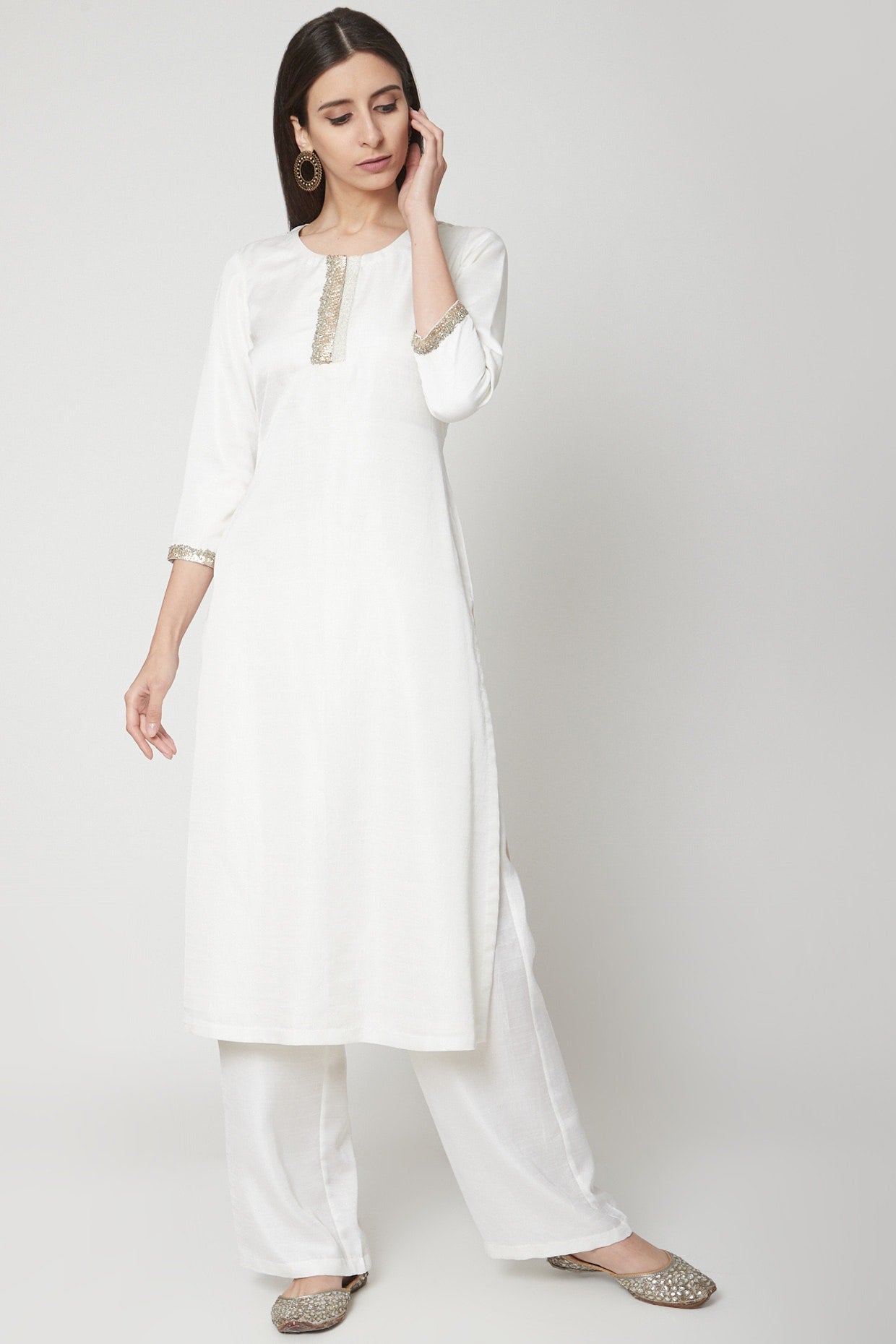Off White Embroidered Kurta Set