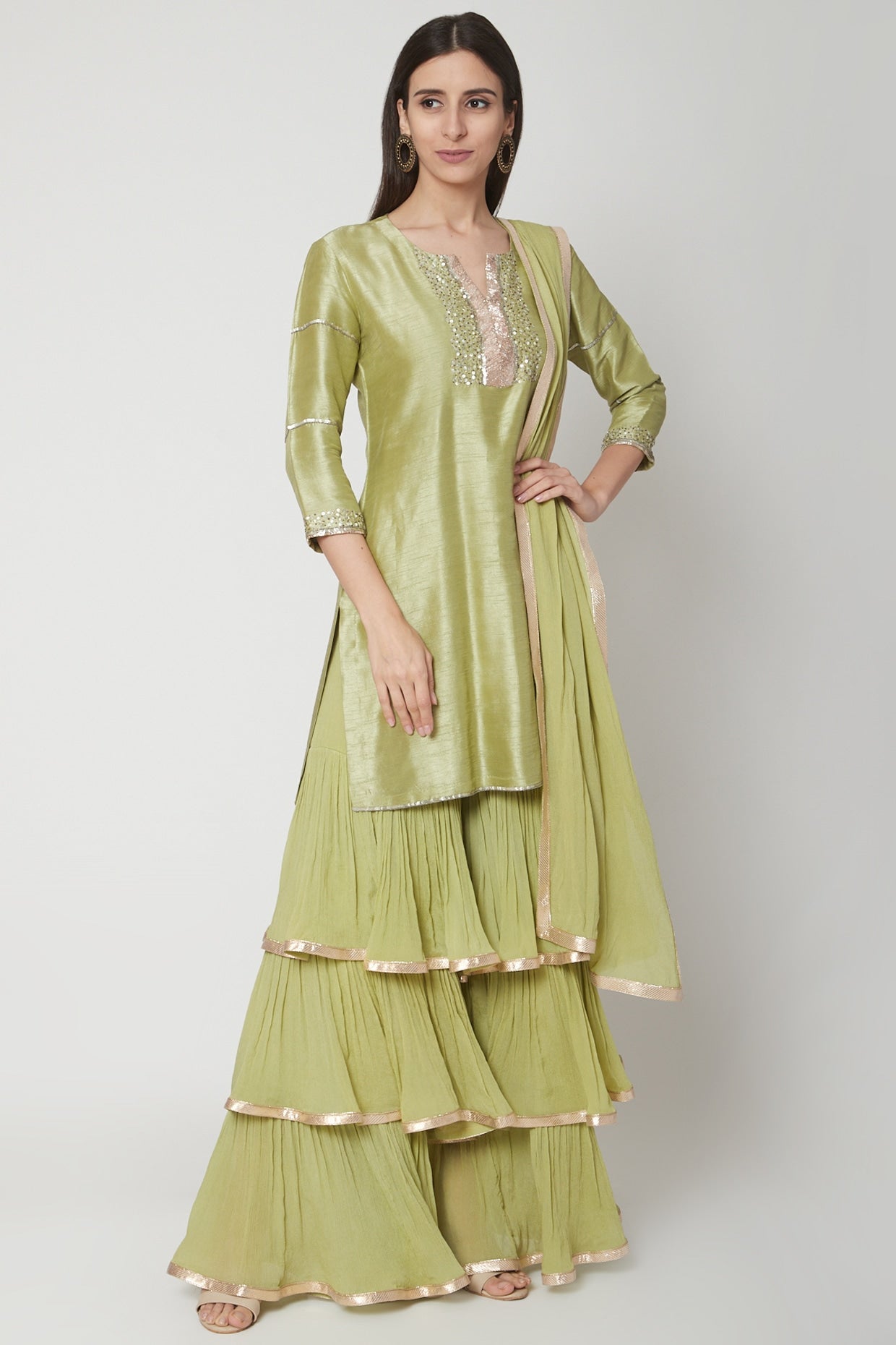 Apple Green Embroidered Sharara Set
