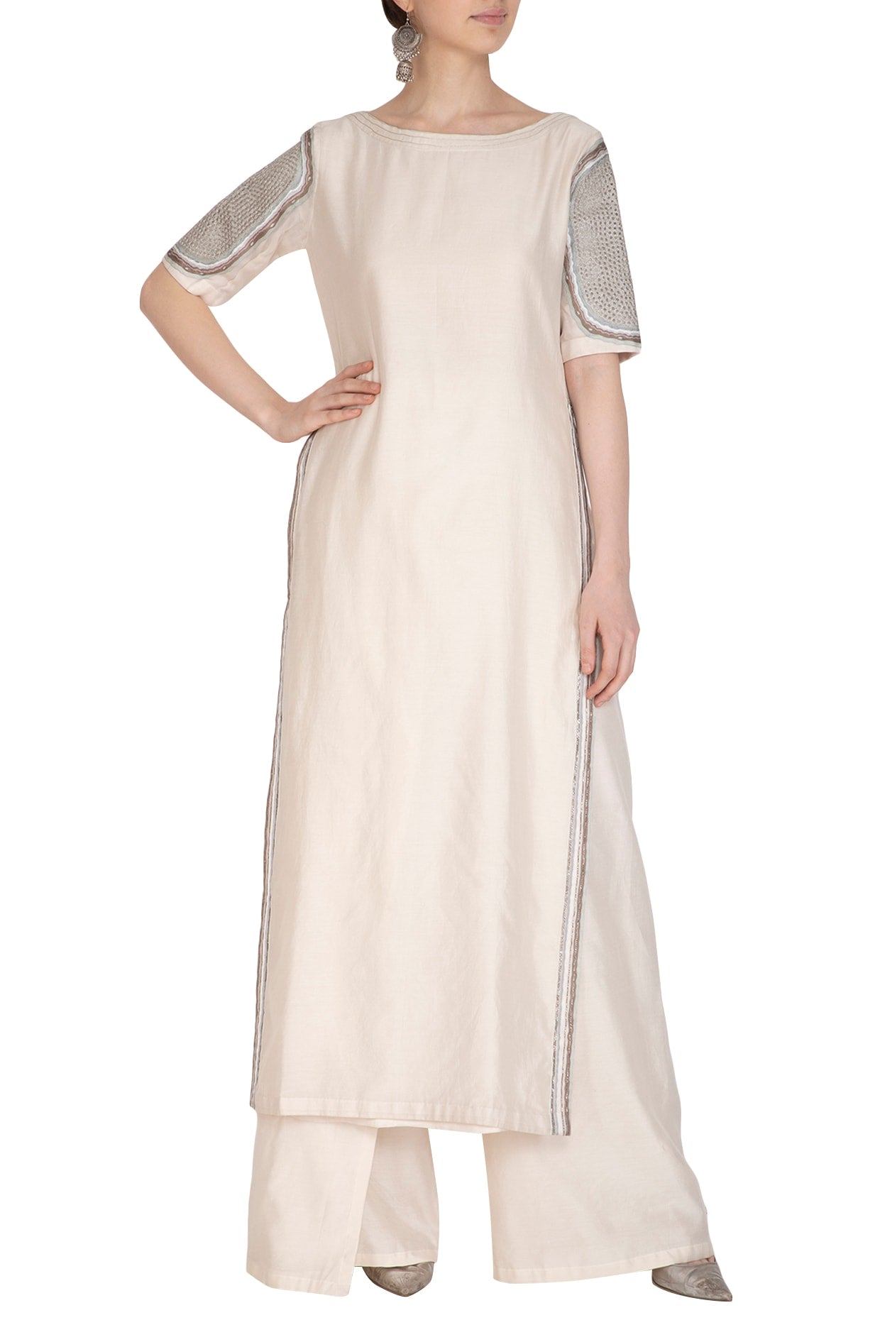 Off White Embroidered Kurta With Palazzo Pants