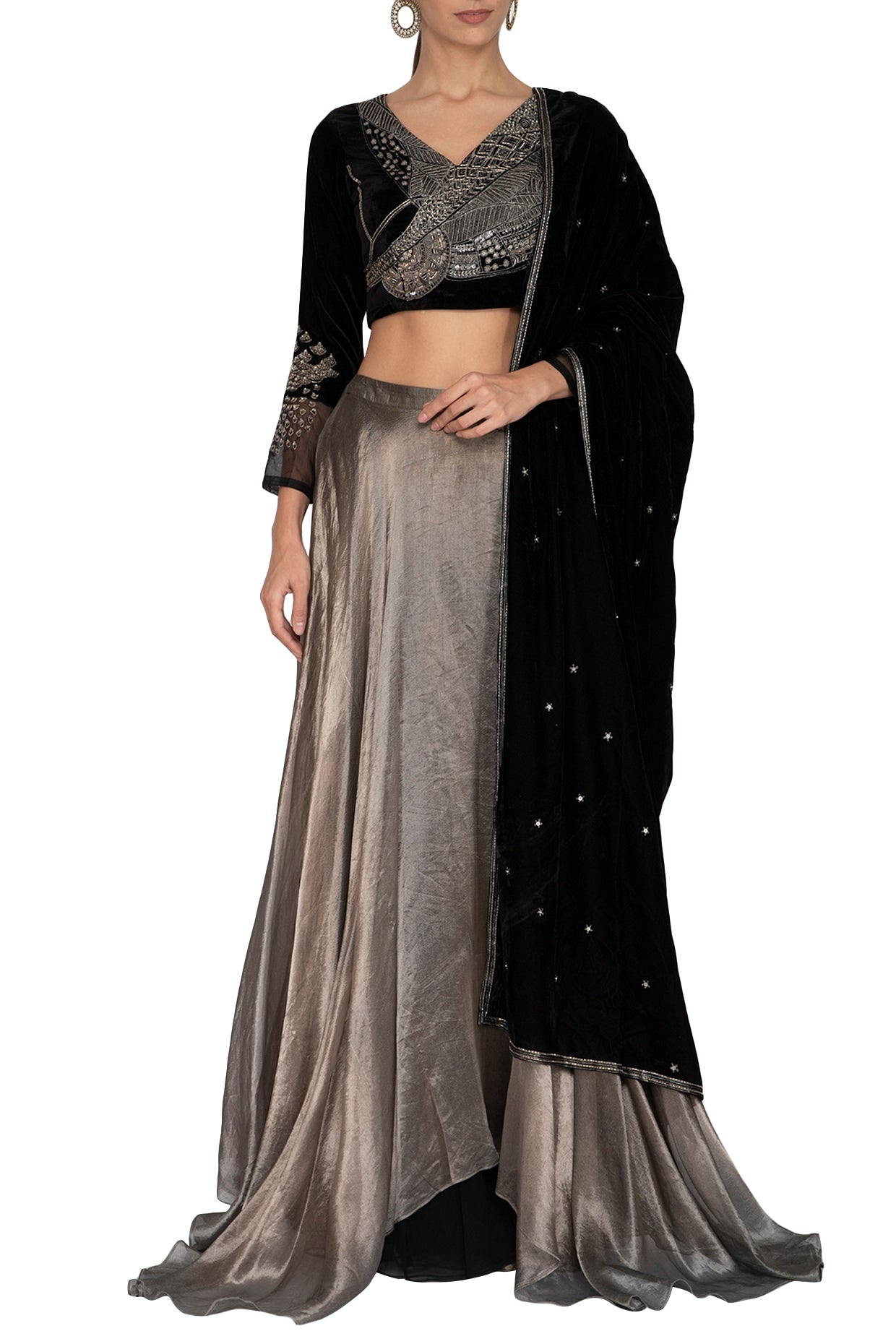 Black & Metallic Grey Embroidered Lehenga Set