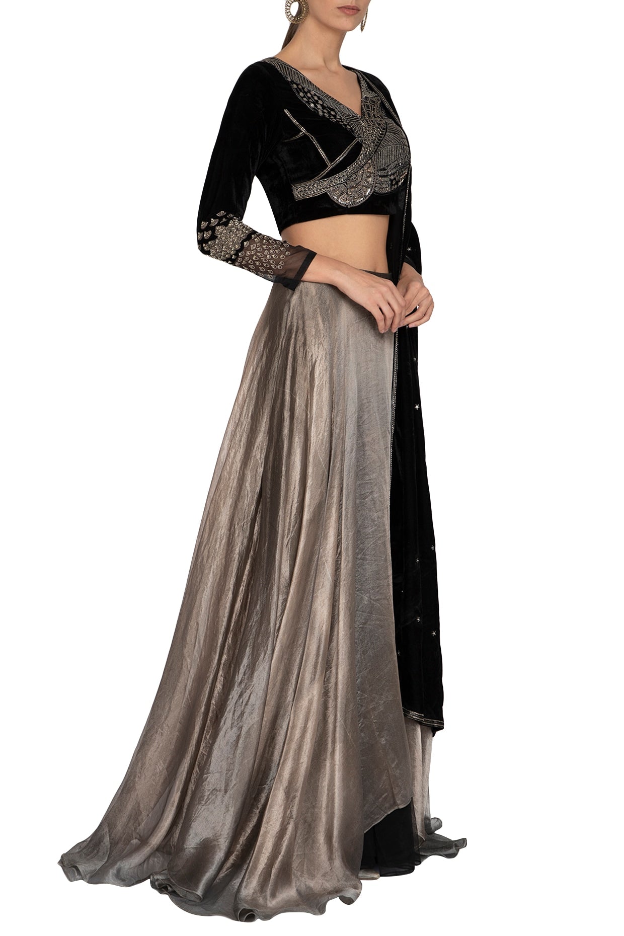 Black & Metallic Grey Embroidered Lehenga Set