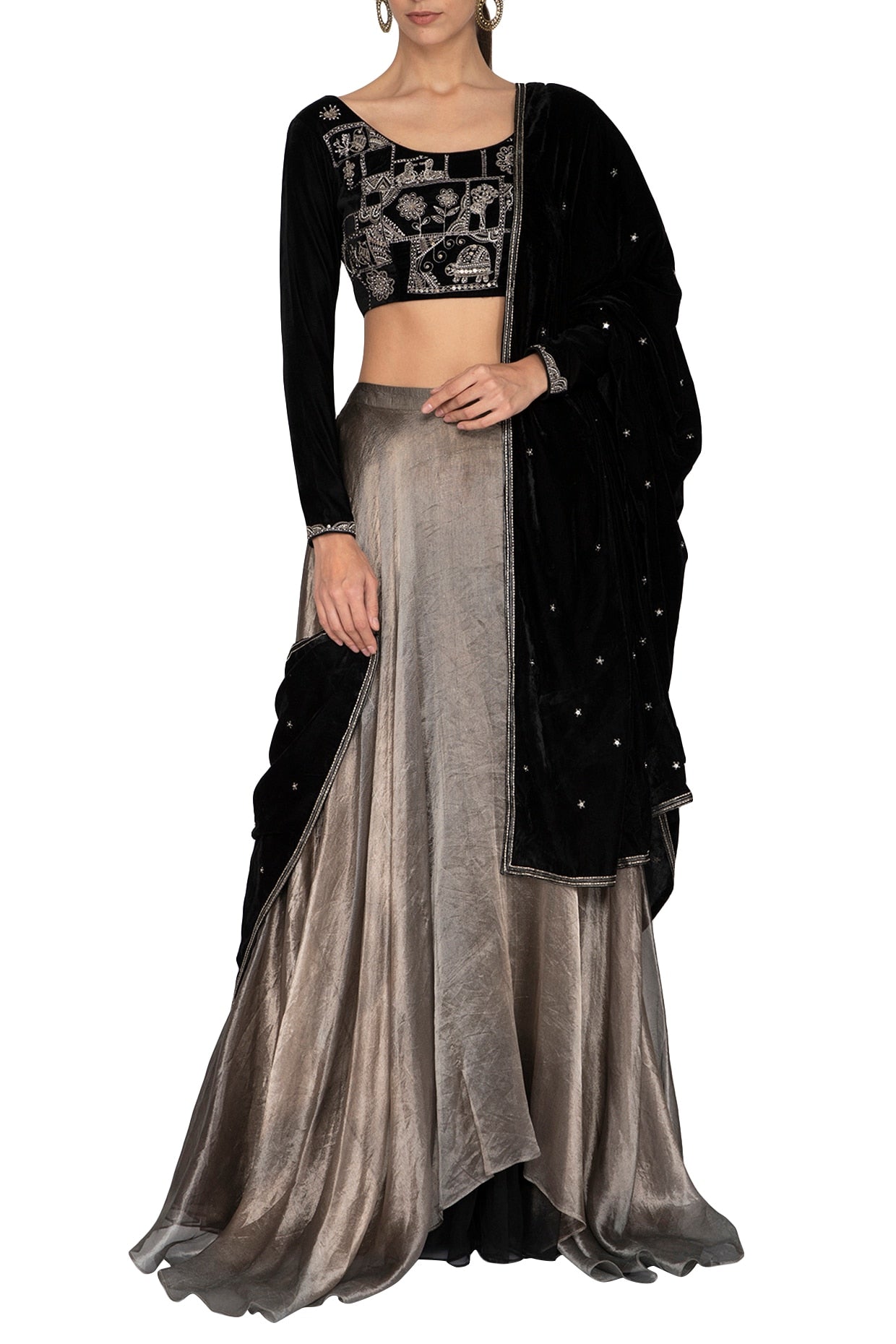 Black & Metallic Grey Hand Embroidered Lehenga Set