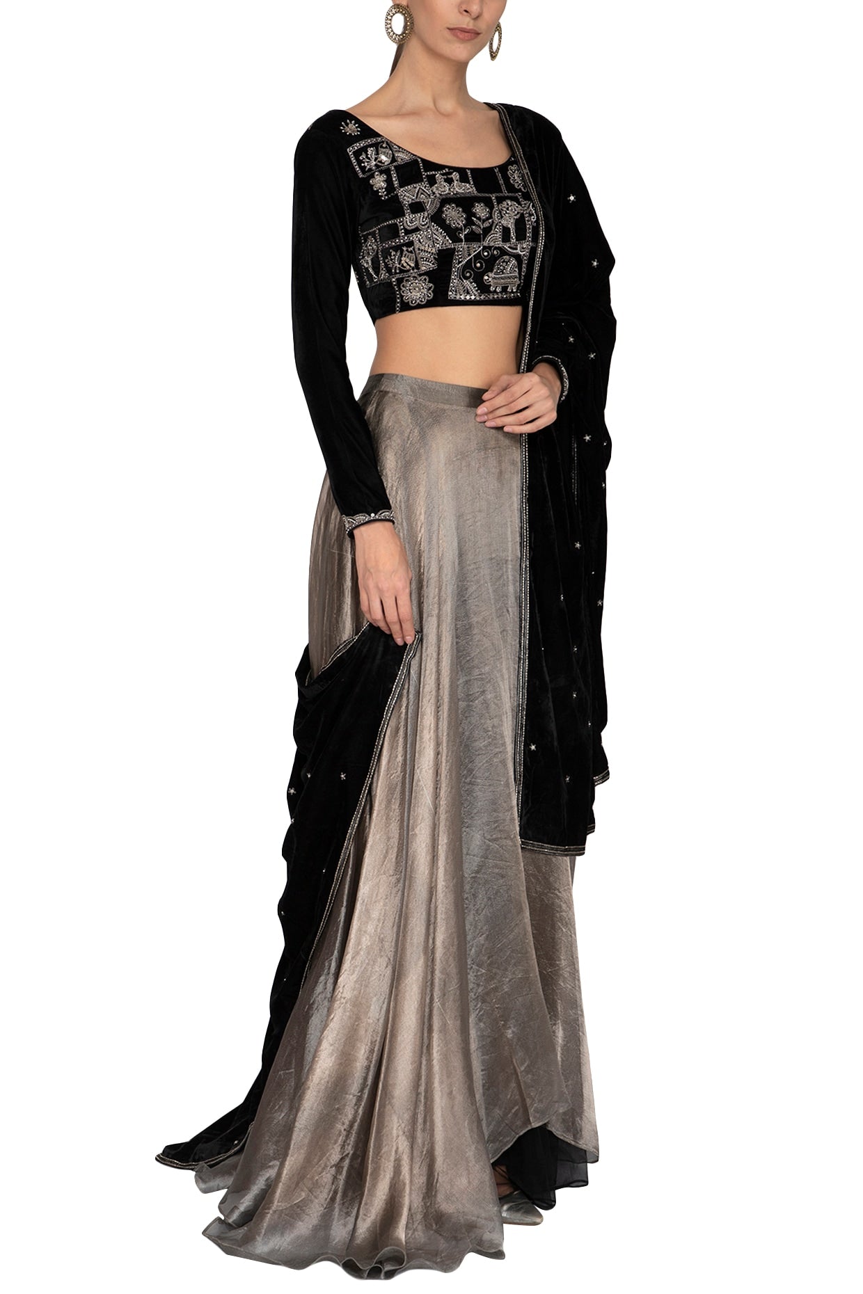 Black & Metallic Grey Hand Embroidered Lehenga Set