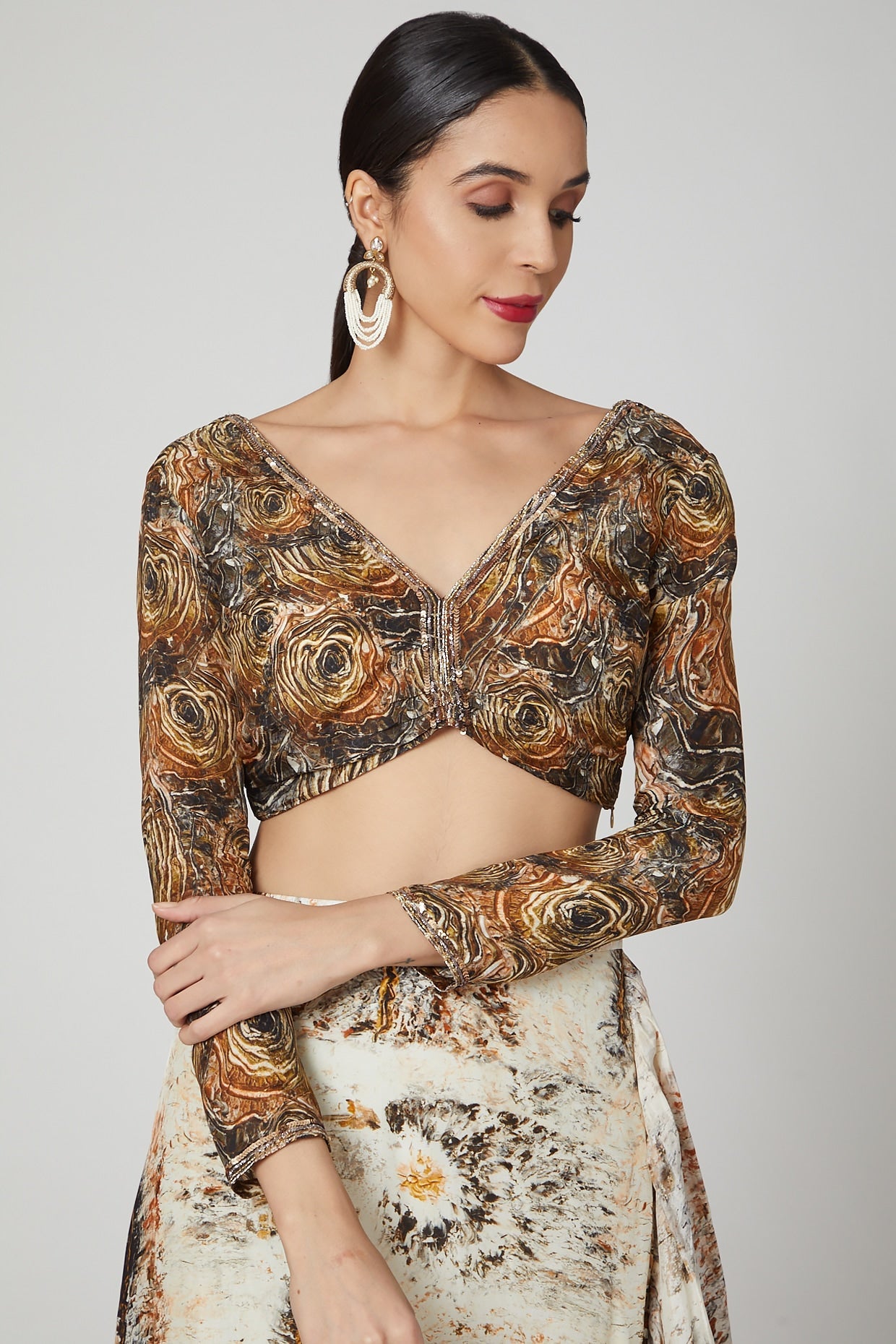 Brown & Beige Ruffled Saree Set