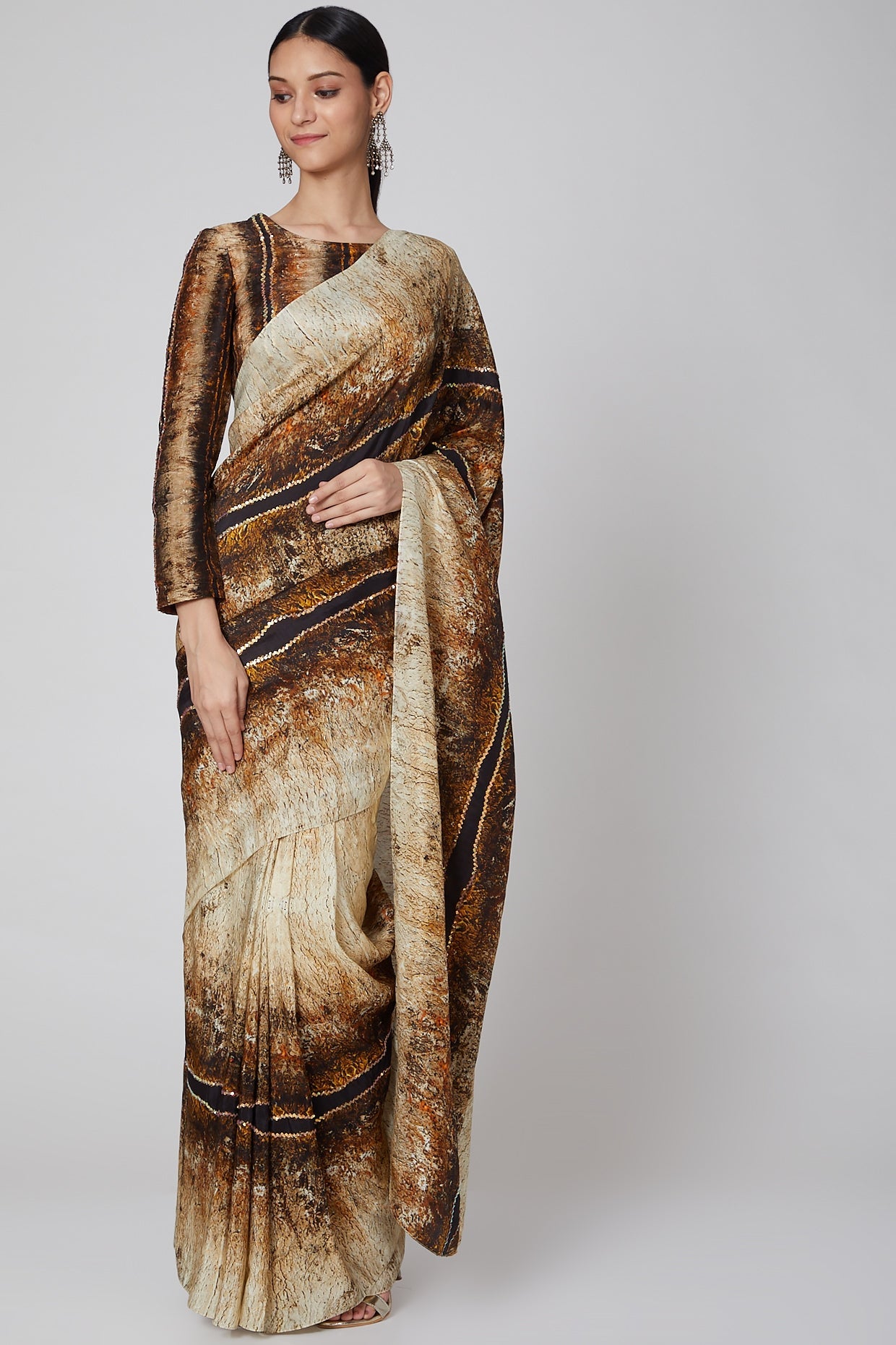 Brown Printed Saree Set