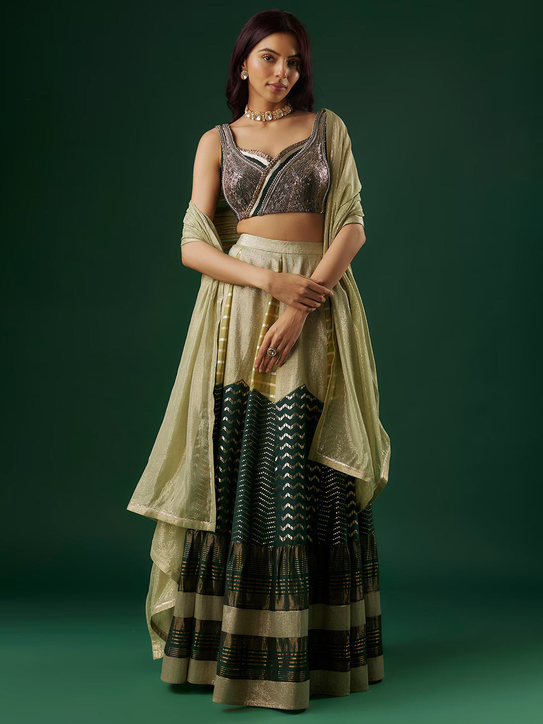 Green Brocade Chanderi Dabka Embroidered Tiered Lehenga Set