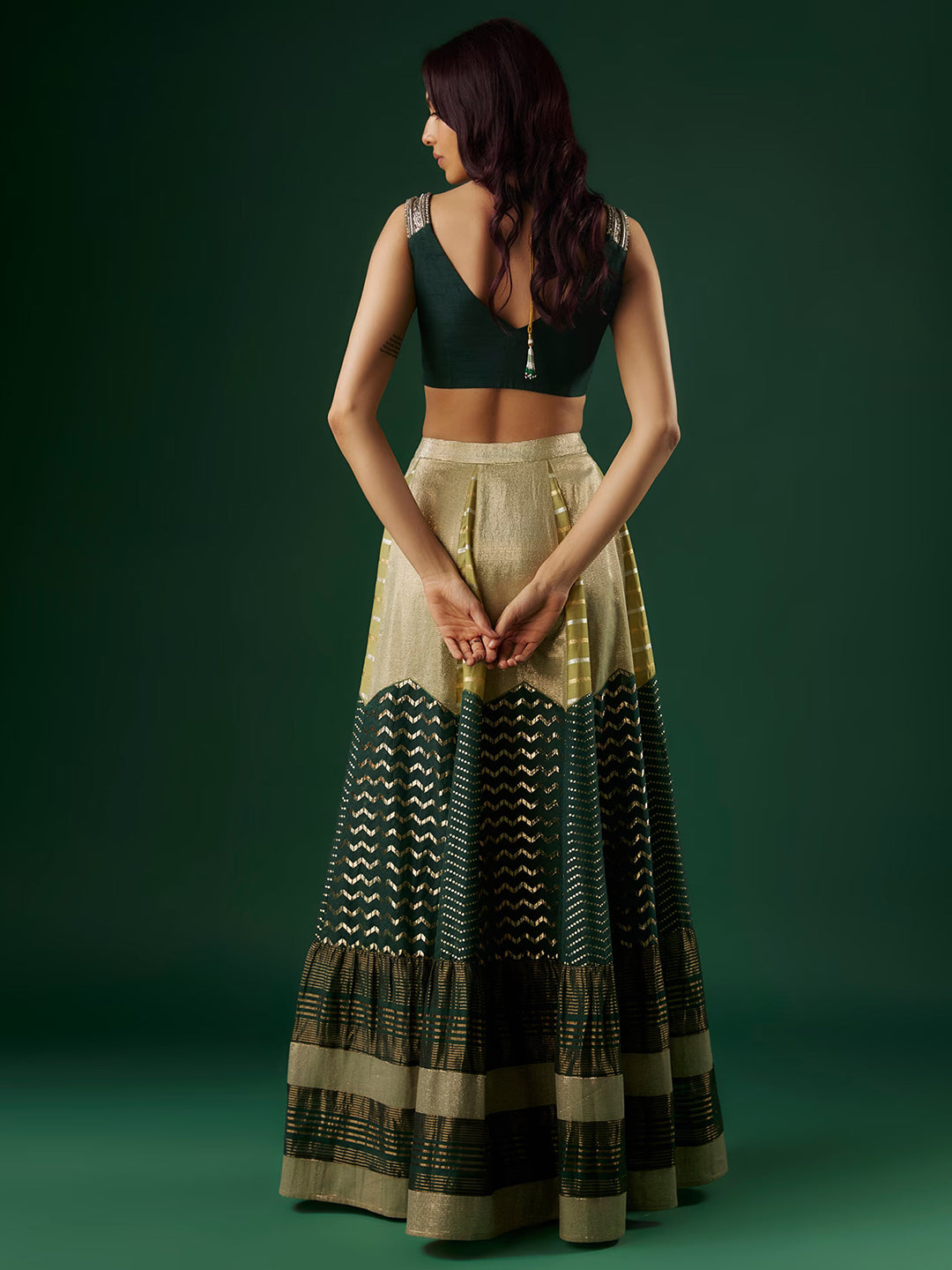 Green Brocade Chanderi Dabka Embroidered Tiered Lehenga Set