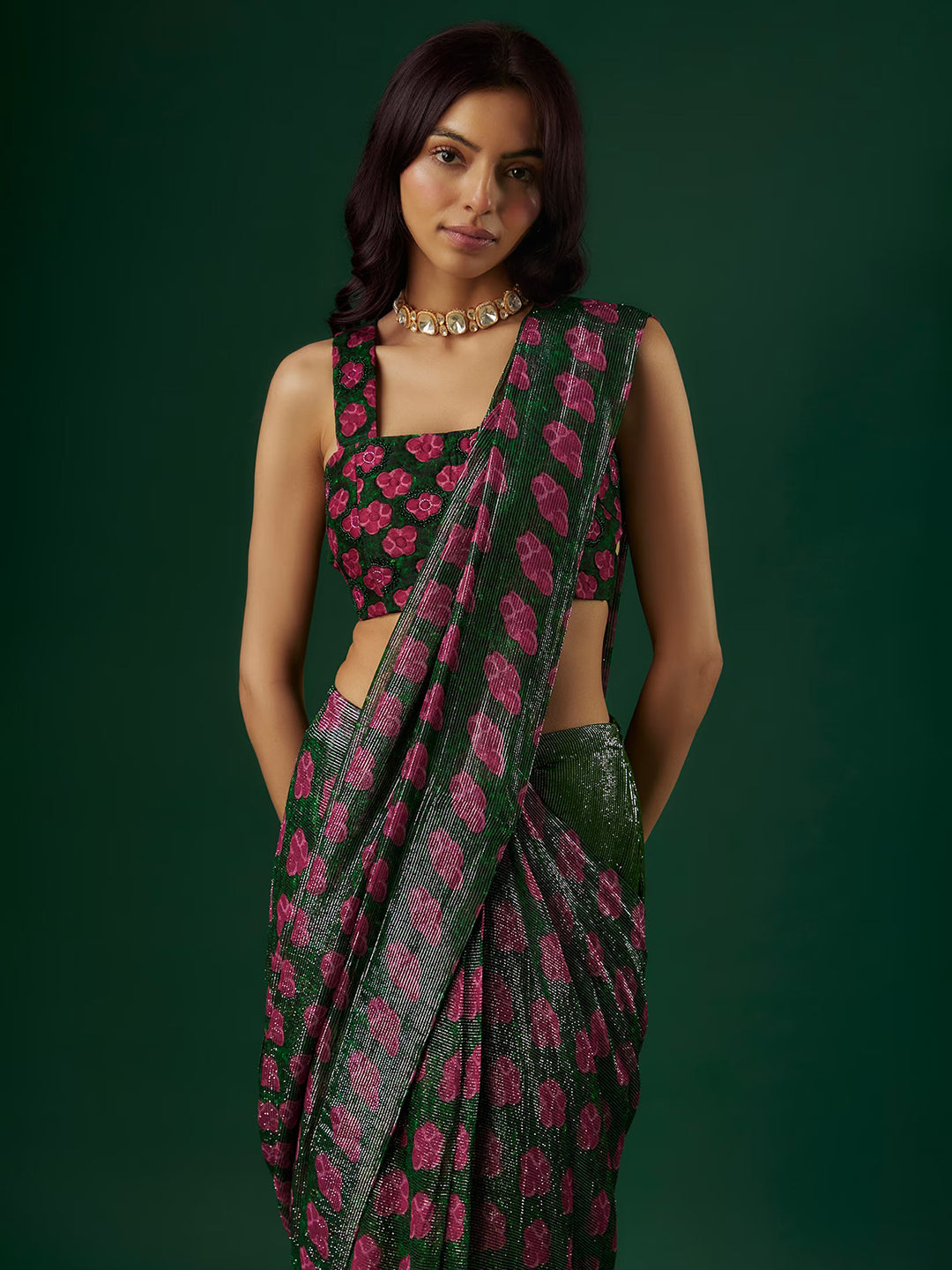 Wine Upada Silk & Shimmer Georgette Printed Pre-Draped Saree Set