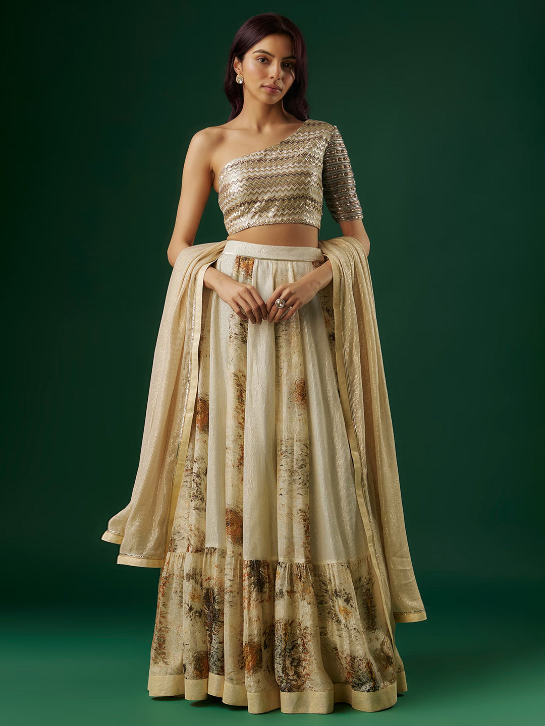 Off-White Shimmer Georgette Handpainted Lehenga Set