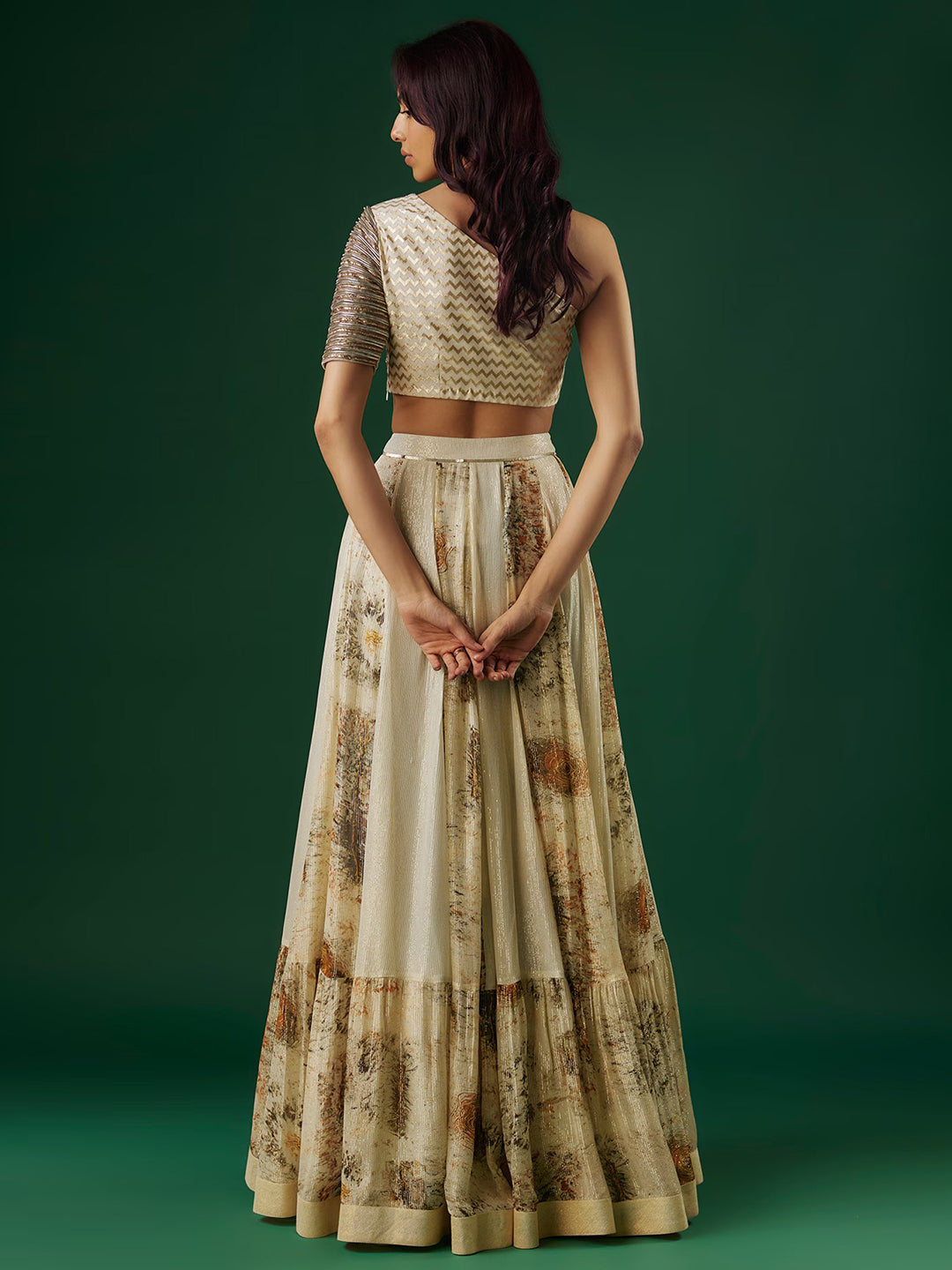 Off-White Shimmer Georgette Handpainted Lehenga Set